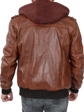 Men's Brown Bomber Leather Jacket with Removable Hood